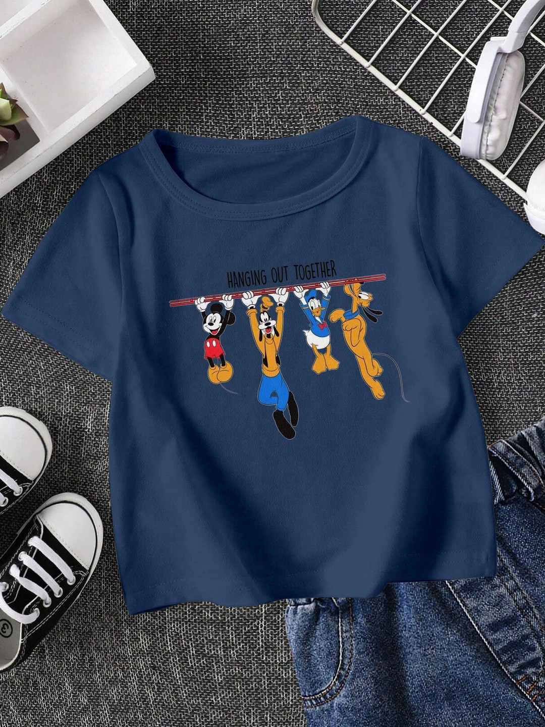 FIONAA TRENDZ Kids Unisex Navy Blue Pure Cotton Mickey Mouse Printed T-shirt