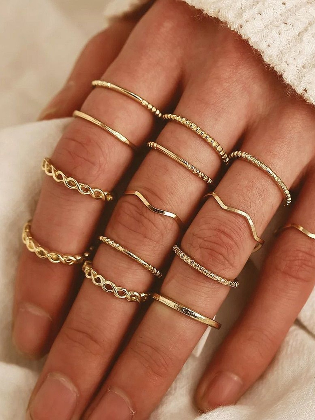 TheVineGirl Women Gold Set Of 14 Plain Chain Multi Designs Stacked Ring Set