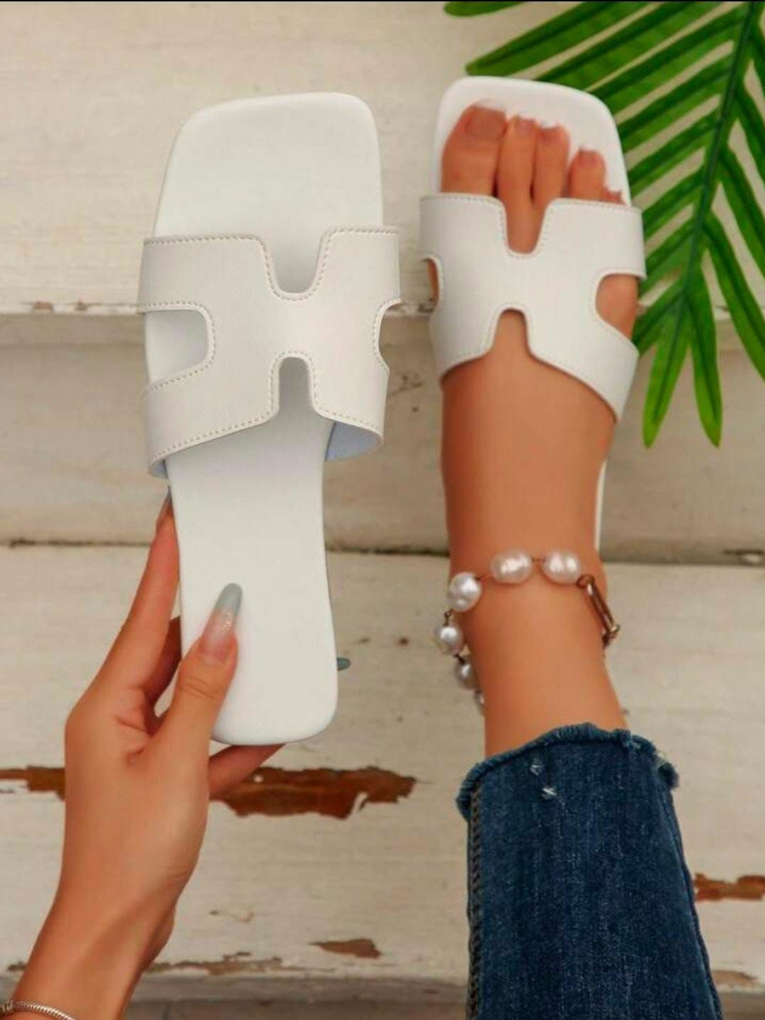 Shozie Women White Solid H Shaped Strap Slip-On Sliders