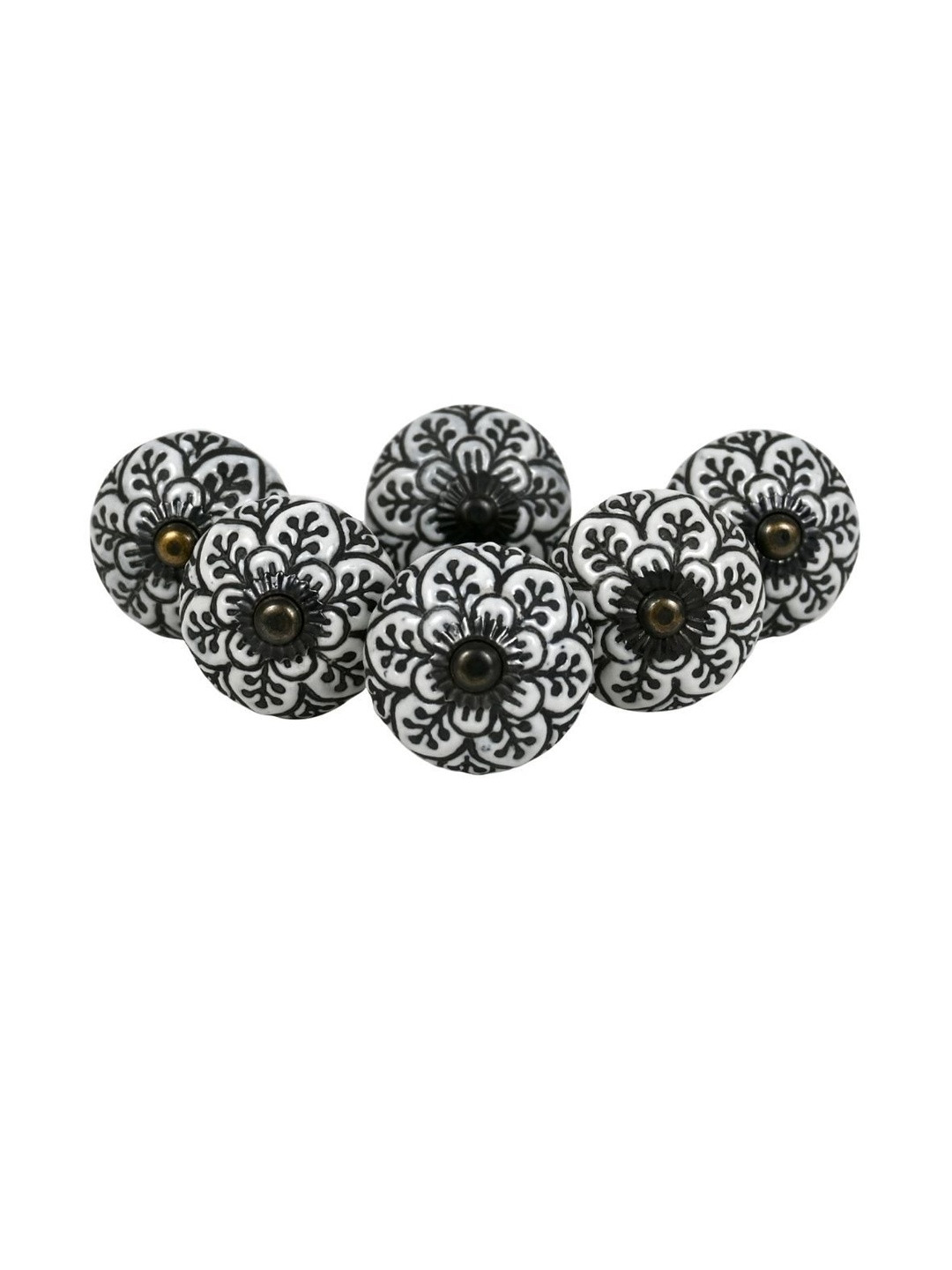 Amoorcart Set of 6 Black & White Round Ceramic Floral Designed Knobs