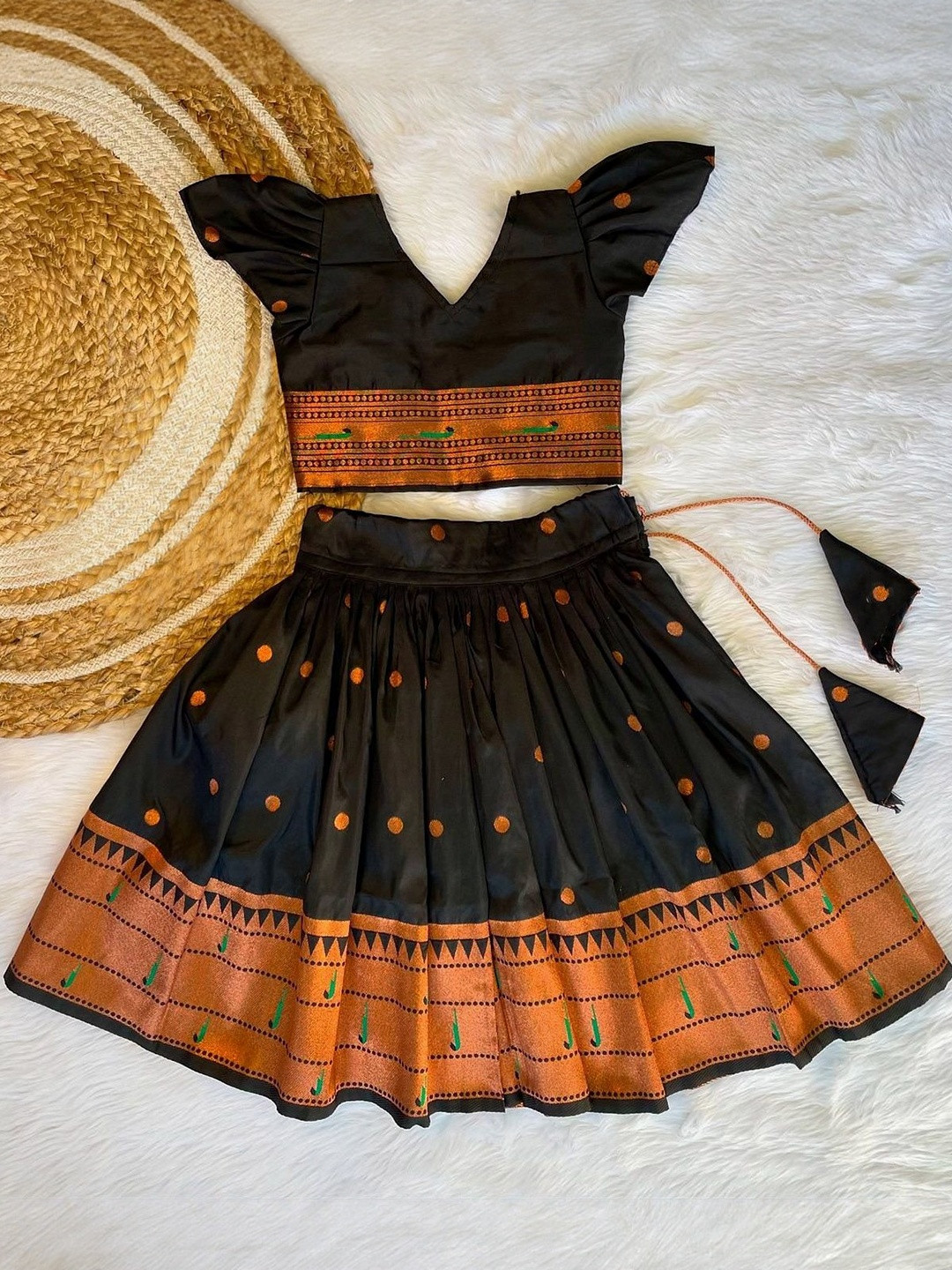 Kedar Fab Girls Black & Copper Woven Design Art Silk V-Neck Choli & Lehenga Set