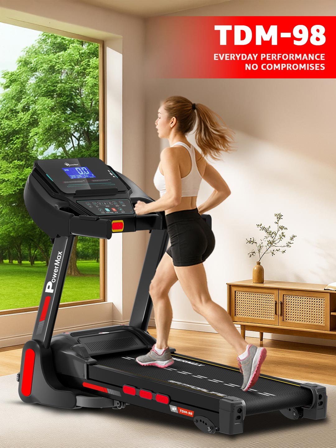 PowerMax Fitness TDM-98 Motorised Foldable Treadmill for Home Gym 4HP Peak DC Motor