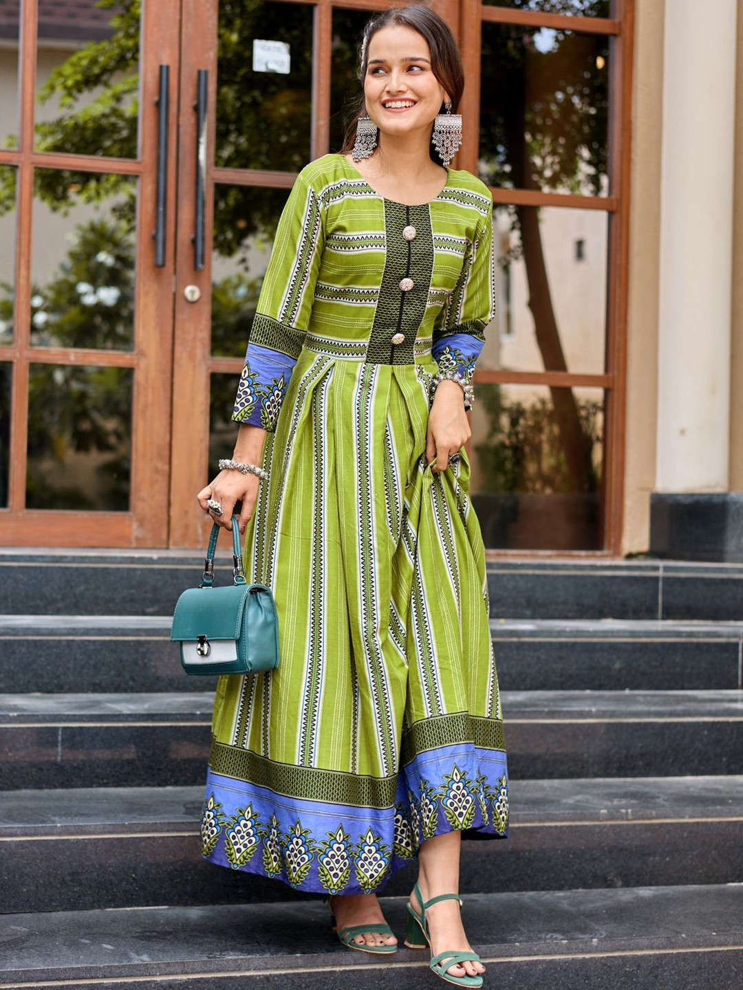 HERE&NOW Women Parrot Green Floral Embroidered Anarkali Gown