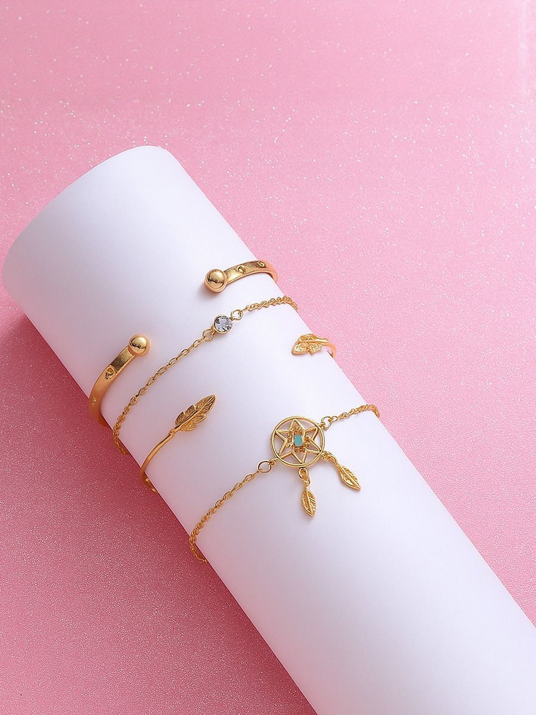 TheVineGirl Women Set Of 4 Golden Cubic Zirconia Gold-Plated Cuff Alloy Bracelets