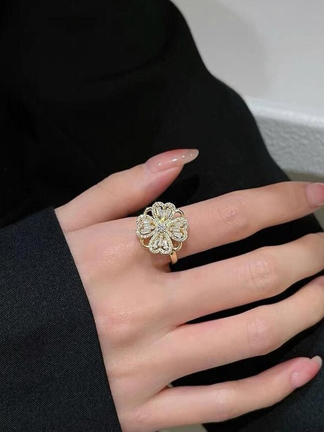 TheVineGirl Women CZ Studded Gold Plated Adjustable Four Leaf Clover Rotating Ring