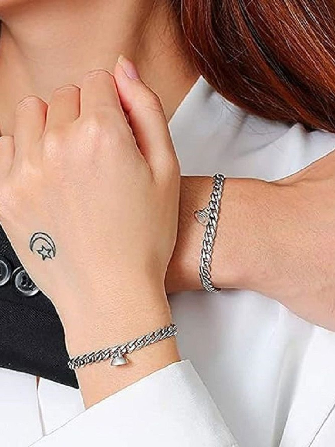 TheVineGirl Women Set Of 2 Silver Couple Magnetic Ball Couples Bracelet
