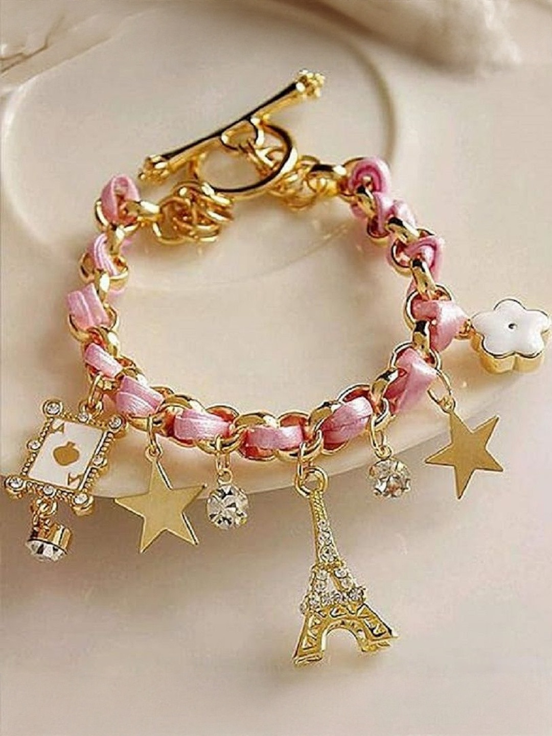 TheVineGirl Women Pink Gold-Plated Eiffel Tower Adjustable Artificial Beads Charm Bracelet