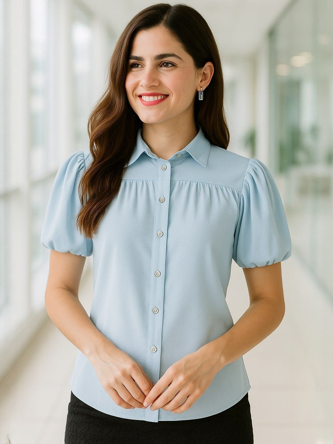 DressBerry Women Sky Blue Lantern Half Sleeve Shirt