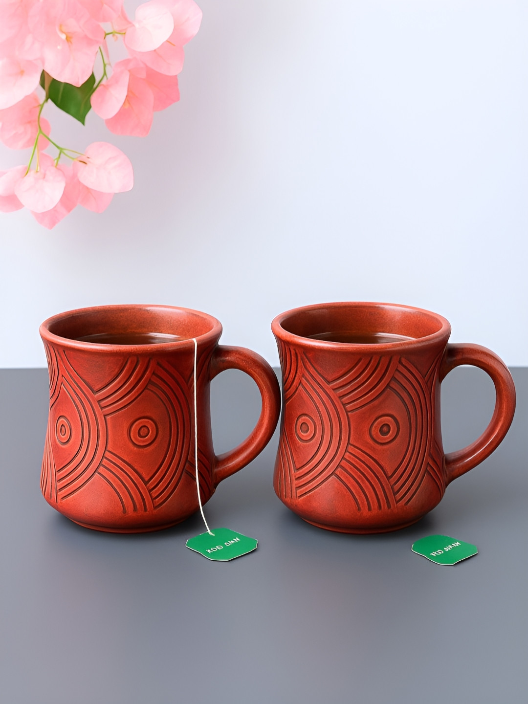 Unravel India Red & Black 2 Pieces Floral Textured Ceramic Glossy Mugs