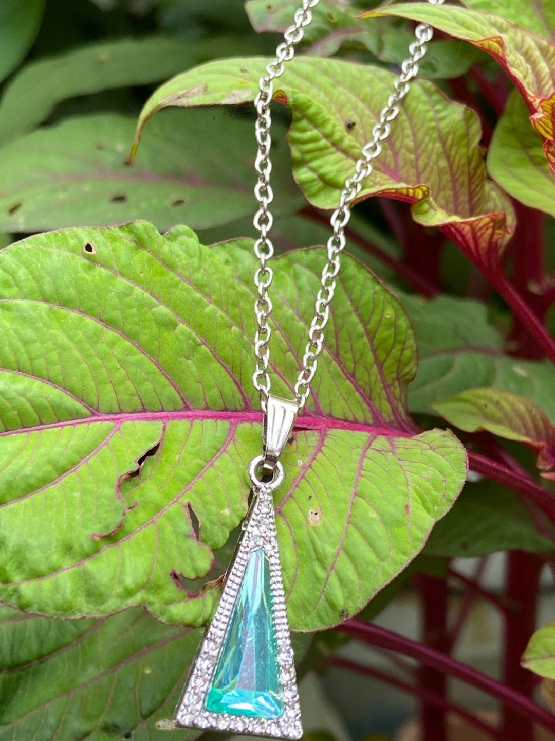 Psight Women Rhodium-Plated Gorgeous Green Triangle Pendants with Chains