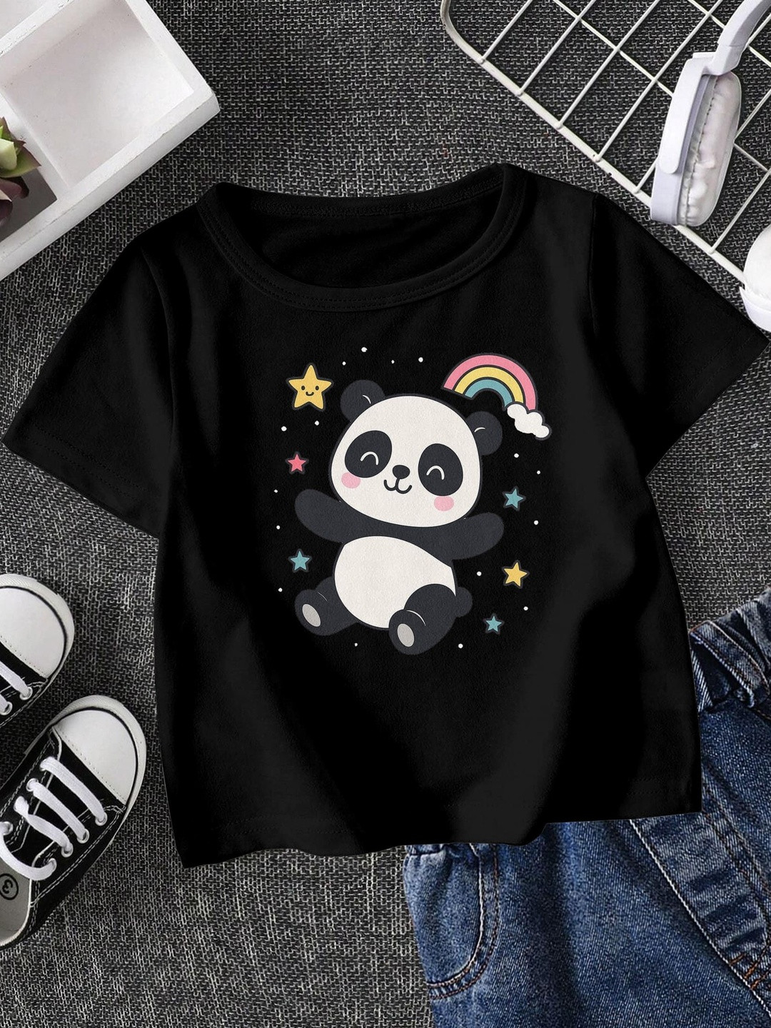 FIONAA TRENDZ Kids Black Panda Rainbow Print Round Neck Short Sleeves Cotton T-shirt