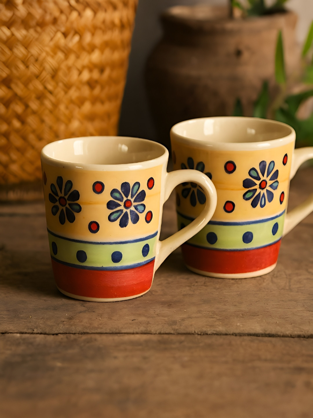 Unravel India Yellow & Blue 2 Pieces Printed Ceramic Glossy Mugs
