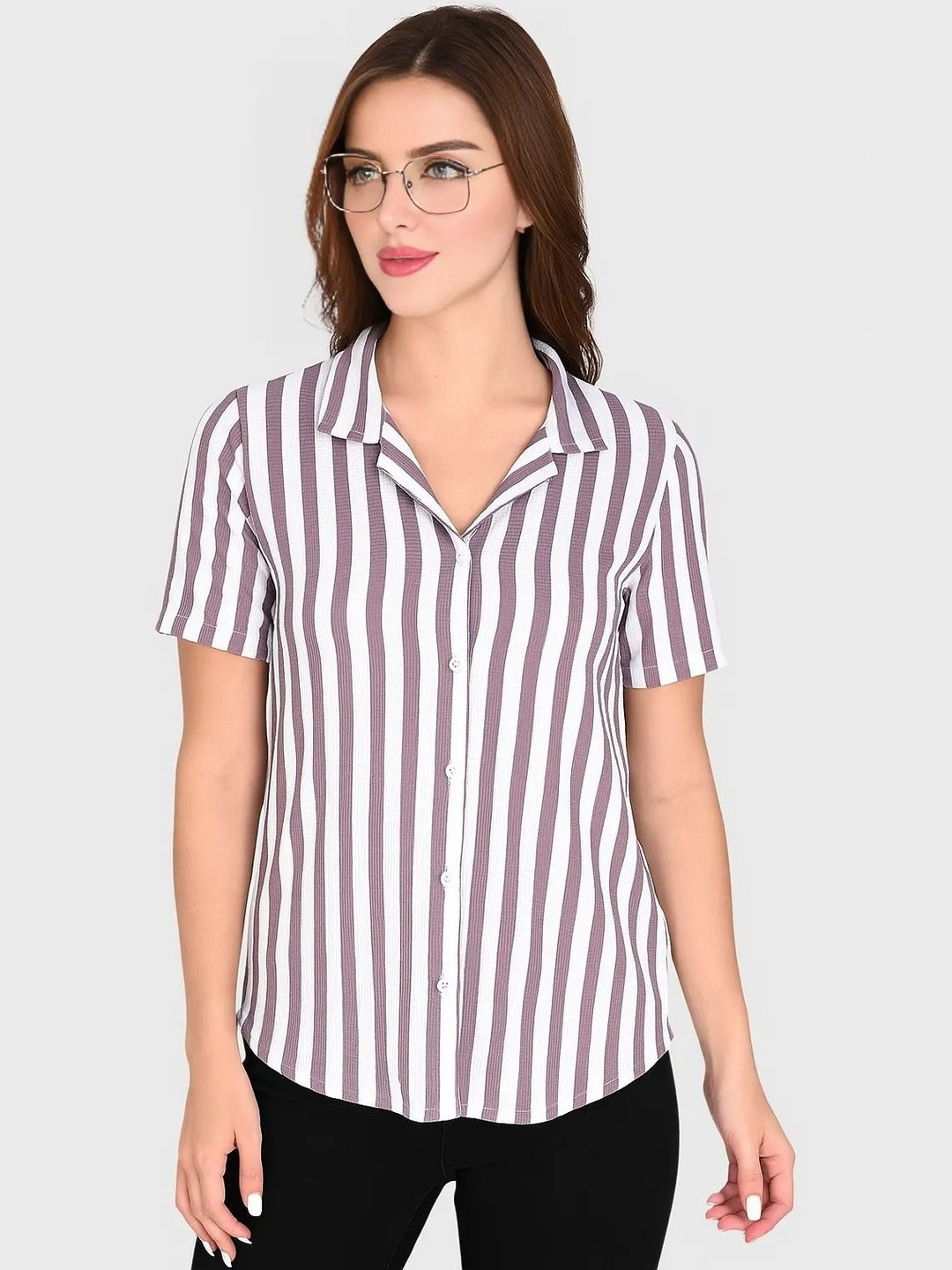 WANQUILA Women Purple Striped Cotton  Casual Shirts