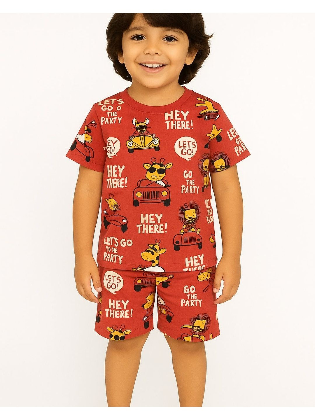 BURBN Boys Red Cartoon Printed Cotton T-shirt and Shorts
