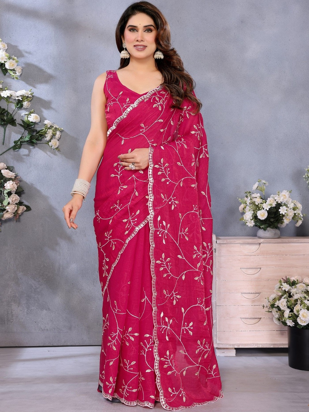DIVASTRI Pink Embroidered Satin  Sarees