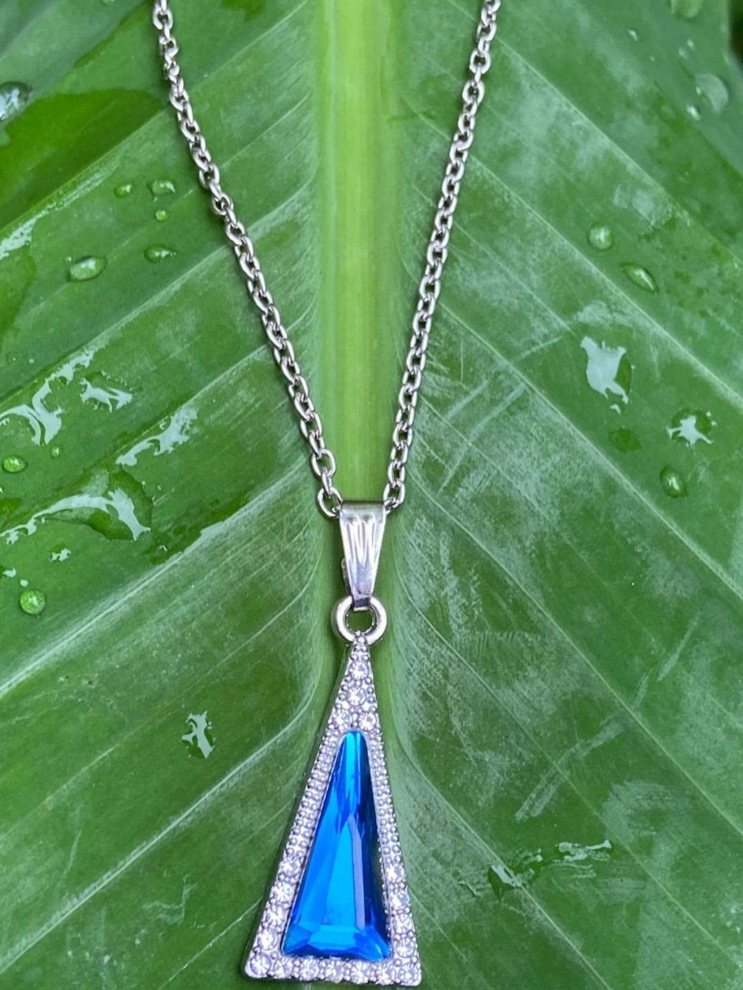 Psight Women Rhodium-Plated Contemporary Blue Triangle Pendant