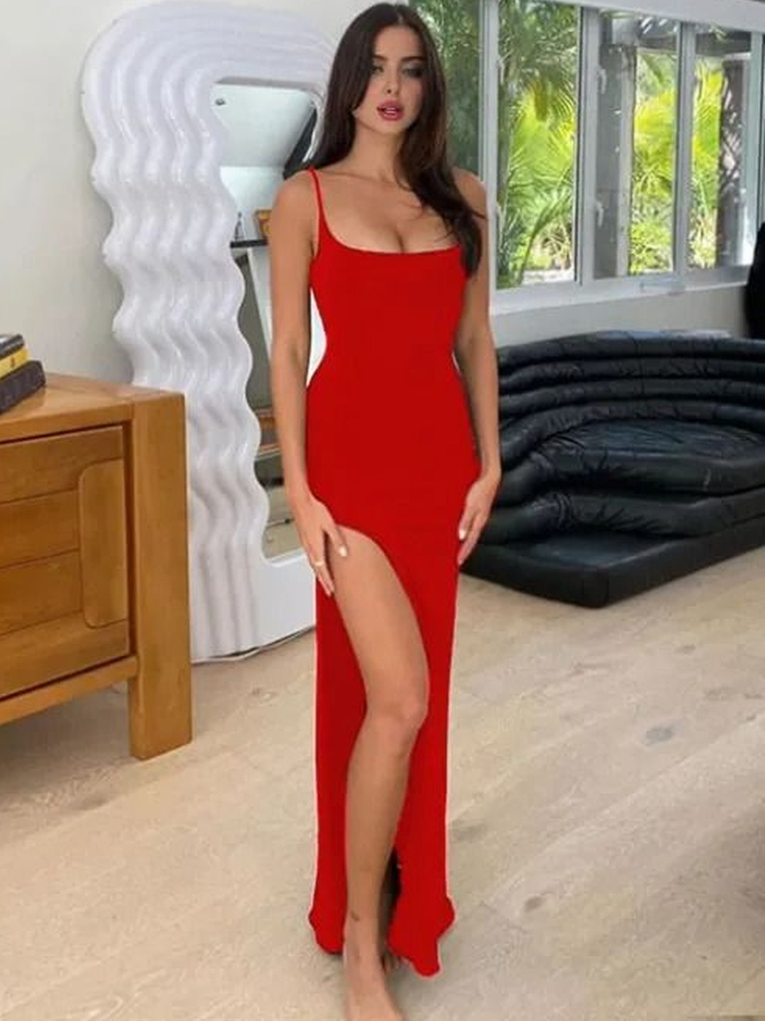 WANQUILA Women Red Solid Polyester Bodycon Dresses