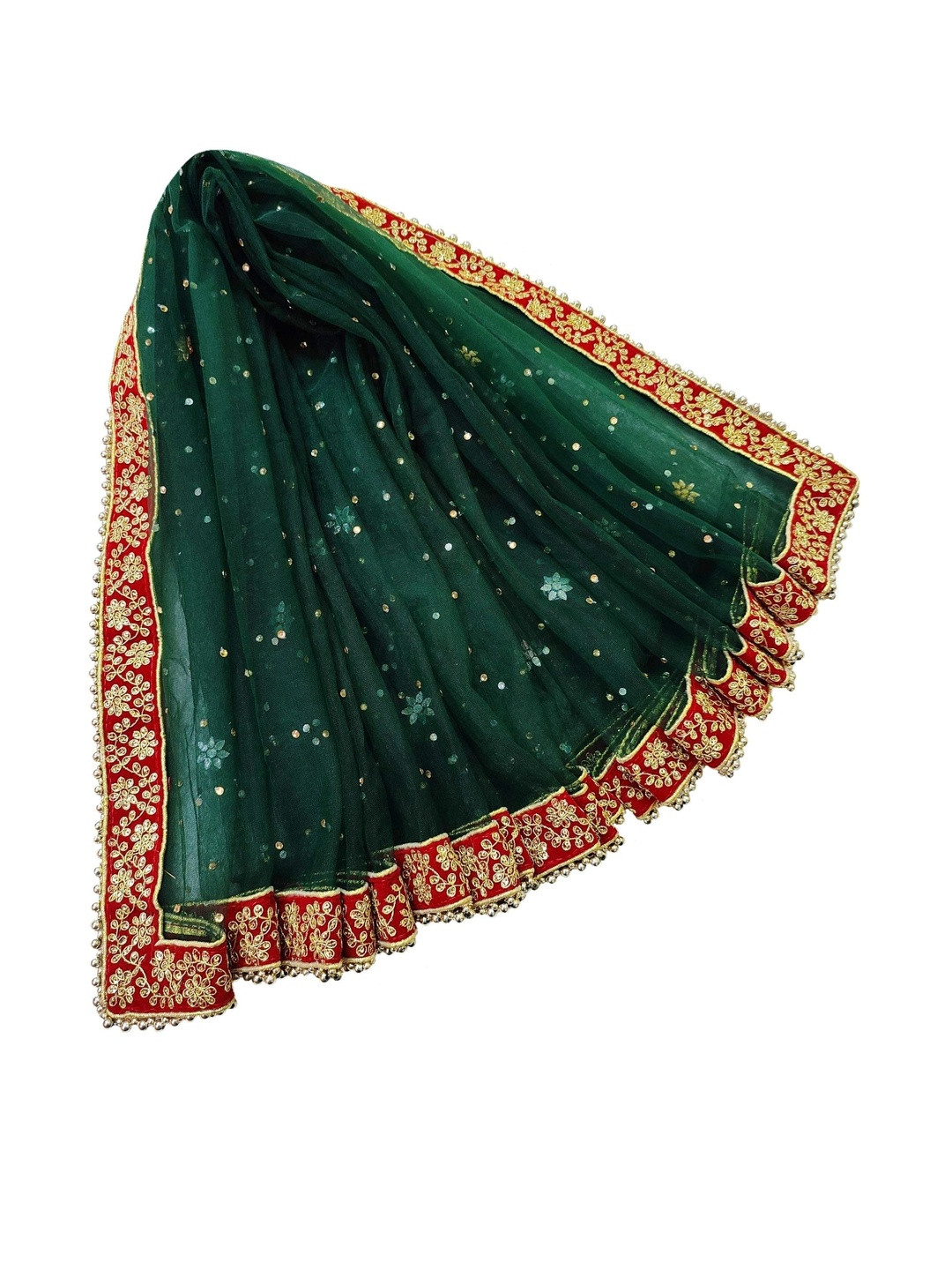 Navti Creations Women Green & Red Nagin Zari Embroidered Net Dupatta With Beads