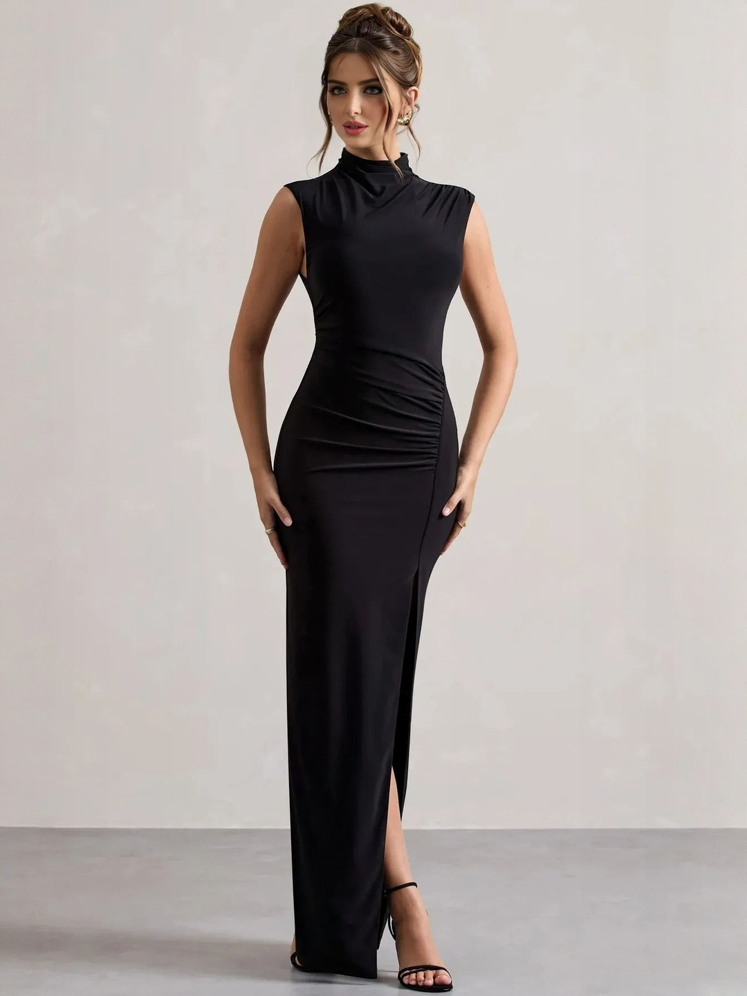 WANQUILA Women Black Solid Bodycon Sleeveless Maxi Longline Dress