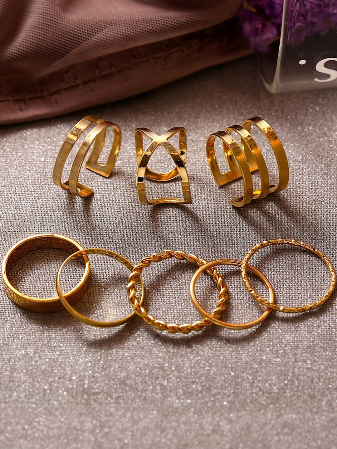 TheVineGirl Women Gold Plated Eight Piece Western Designs Ring Set