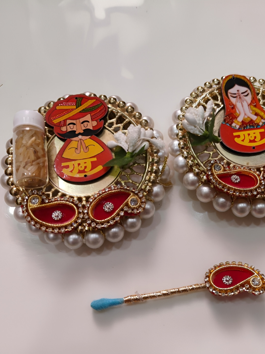 Sellplus Red & White 2 Pieces Roli Chawal Plates With Tilak Stick