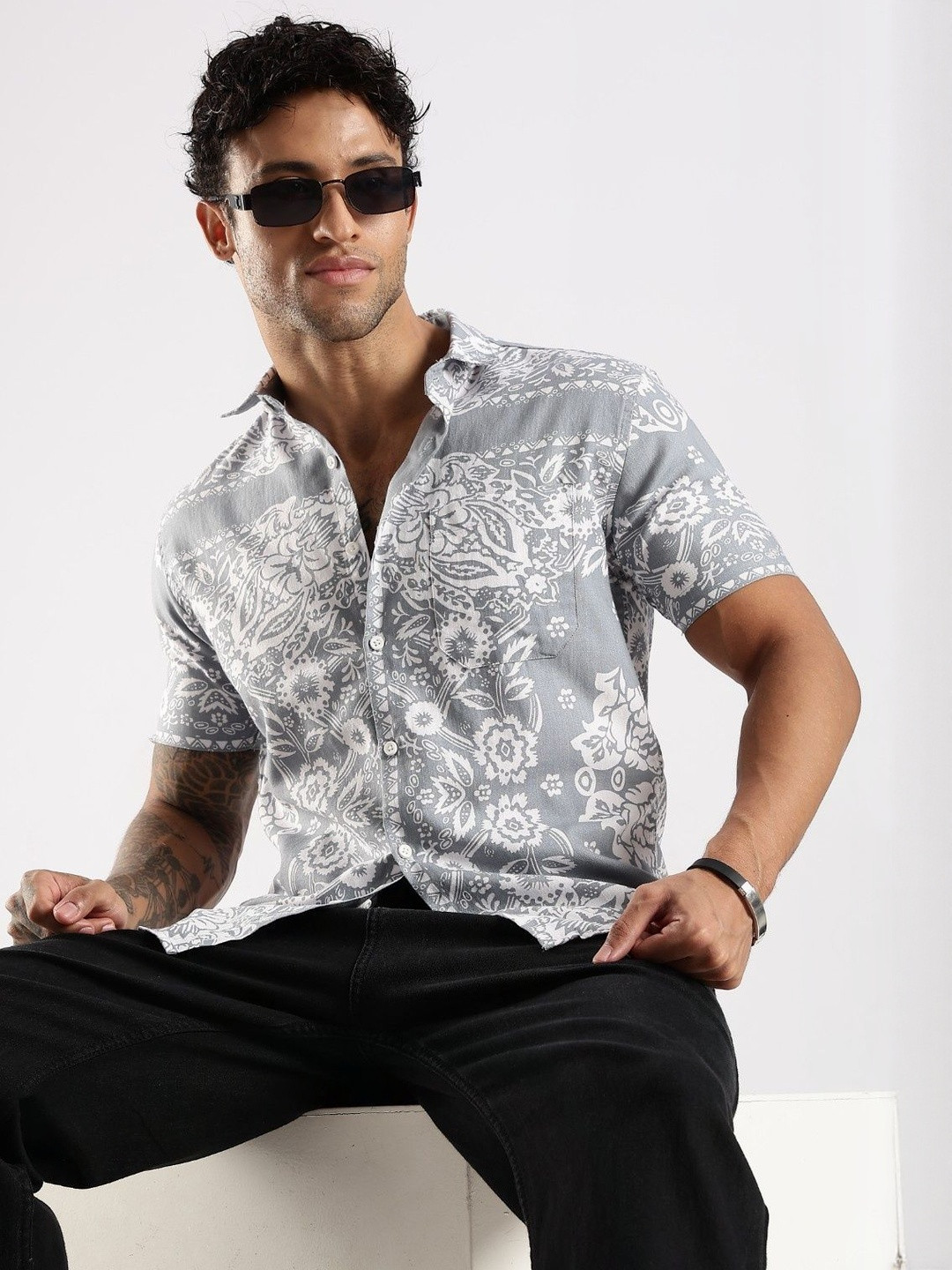 COOL COLORS Men Grey Printed Cotton  Casual Shirts