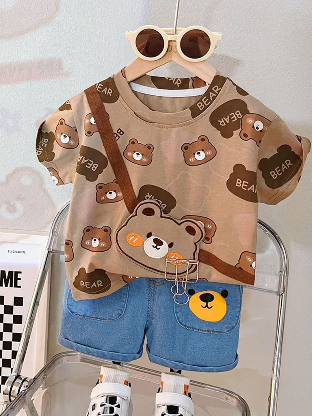 Bold N Elegant Kids Brown Bear Printed T shirt & Denim Shorts Set