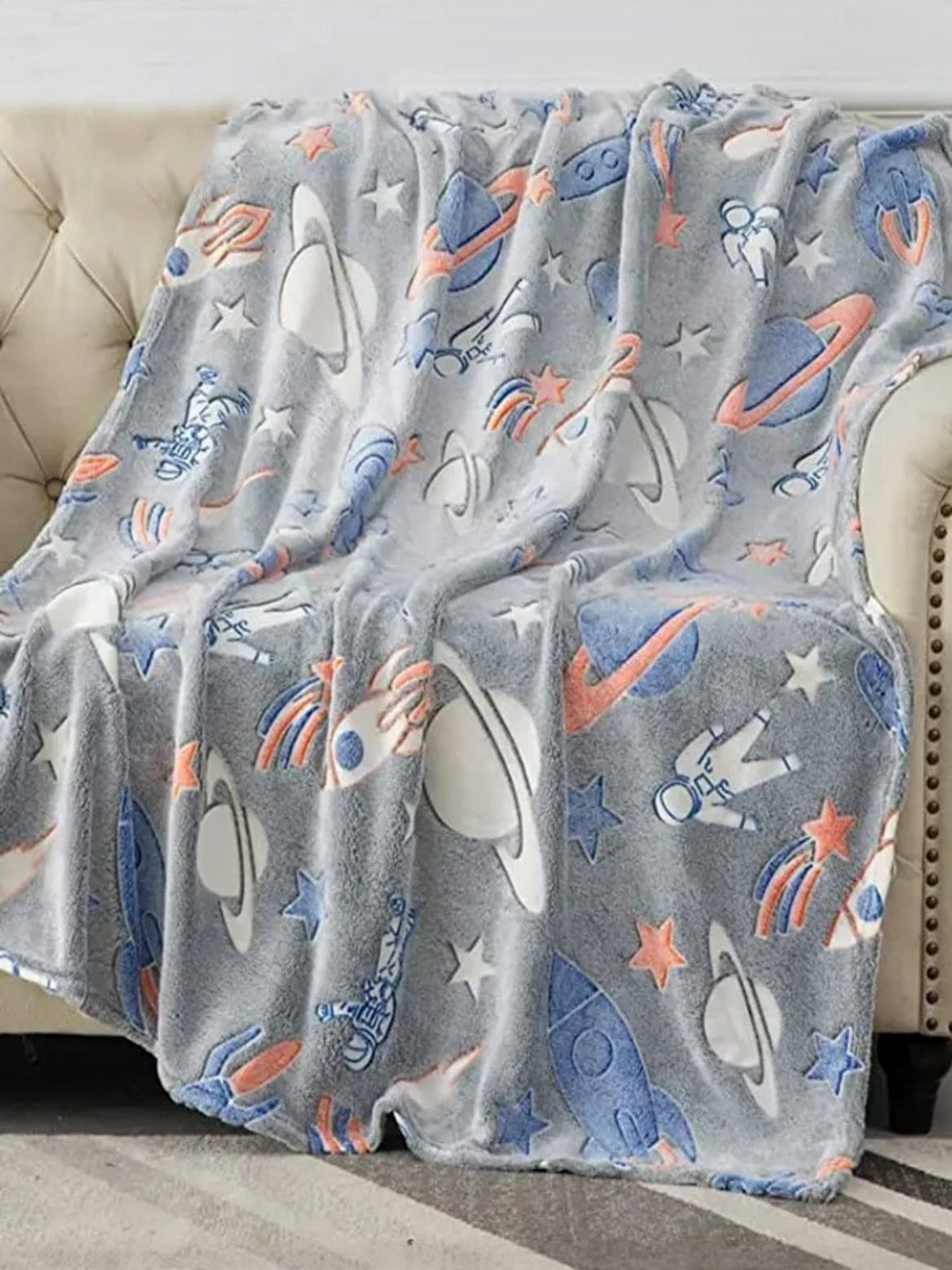 Reexplore Kids Grey & Blue Space Printed Microfiber AC Room 300 GSM Single Bed Blanket
