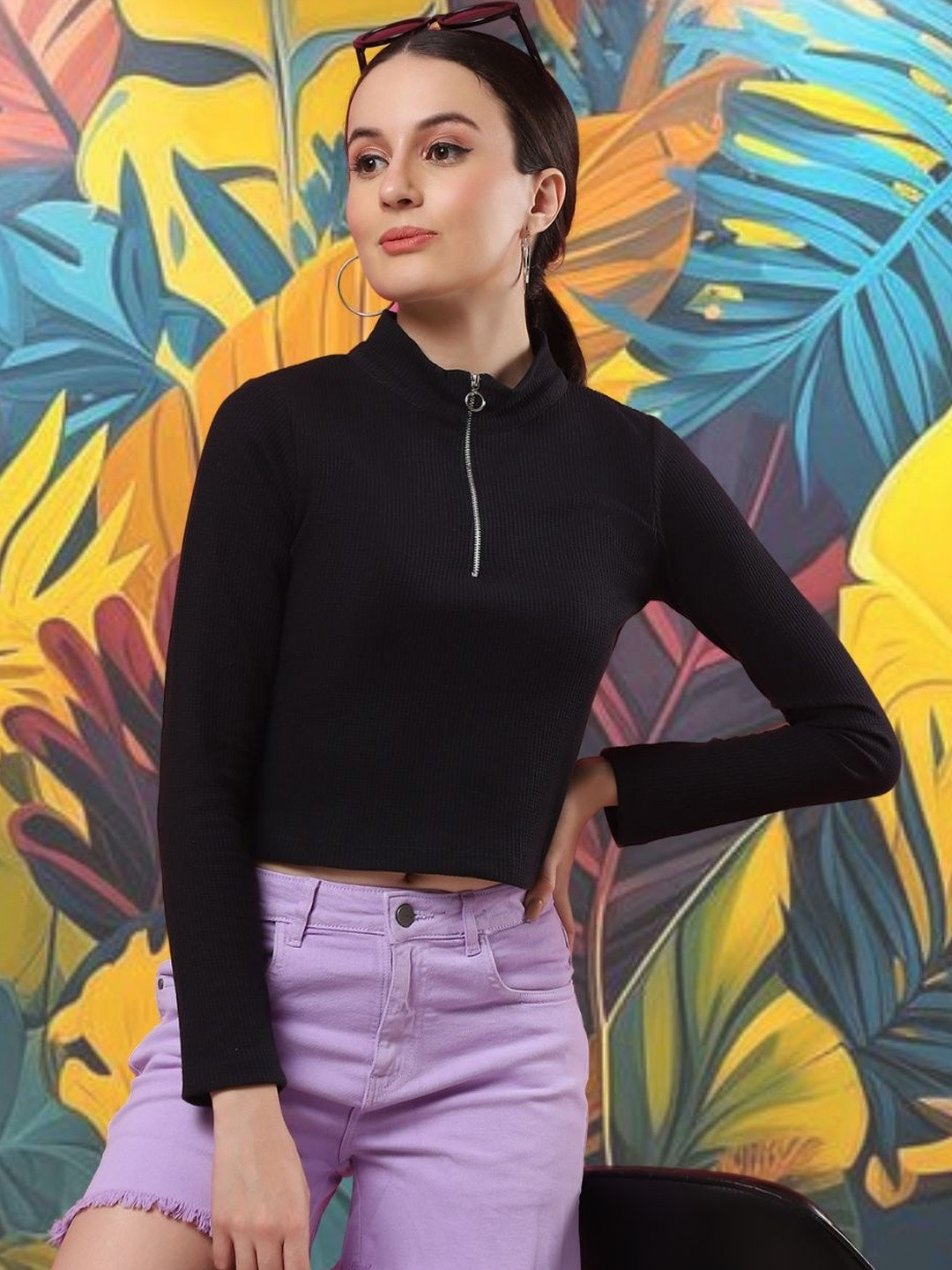 CORSICA Women Black Textured Print High Neck Cotton Waffle Zipper Crop Top