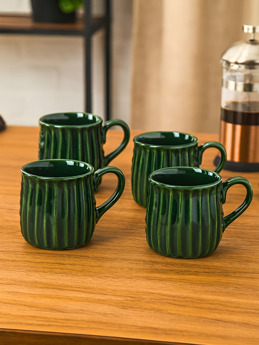 Unravel India Green 4 Pcs Striped Dishwasher & Microwave Safe Ceramic Glossy Mugs