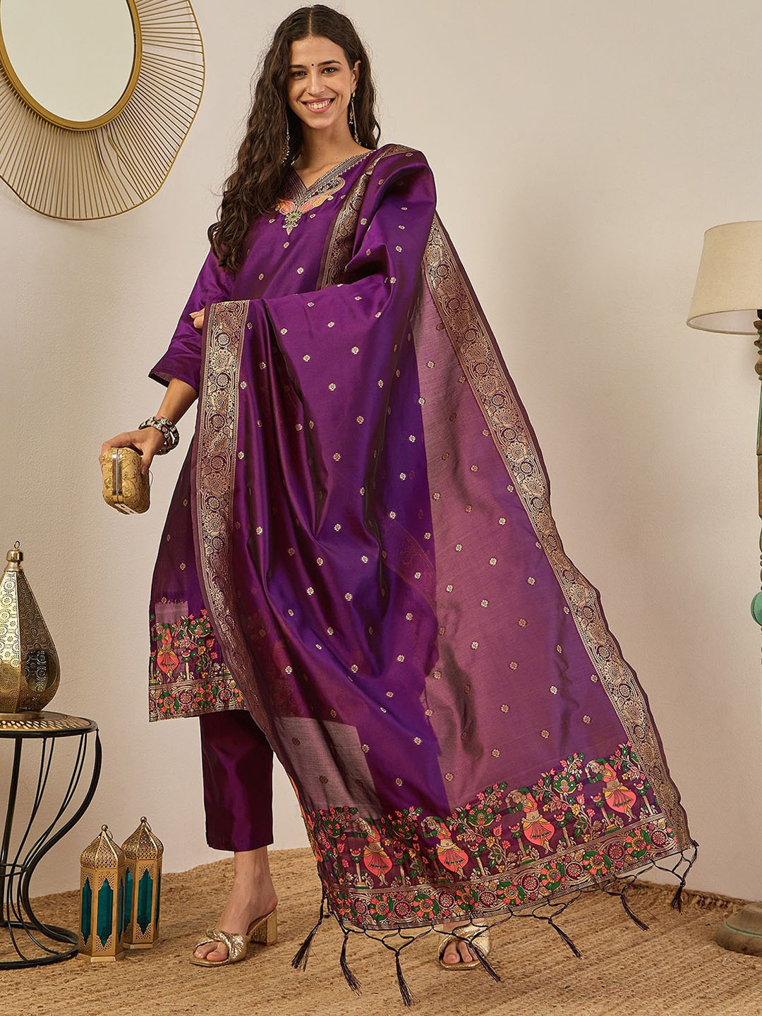 VredeVogel Women Embroidered Regular Kurta with Trousers & With Dupatta
