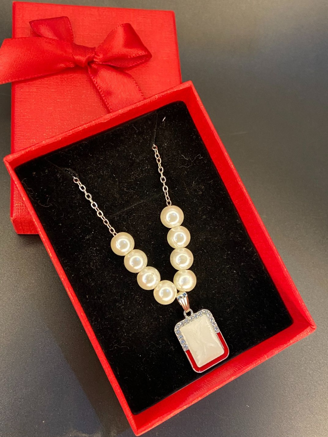 Psight Women Silver Pearl Beaded Rhodium-Plated Square Butterfly Pendant With Chain