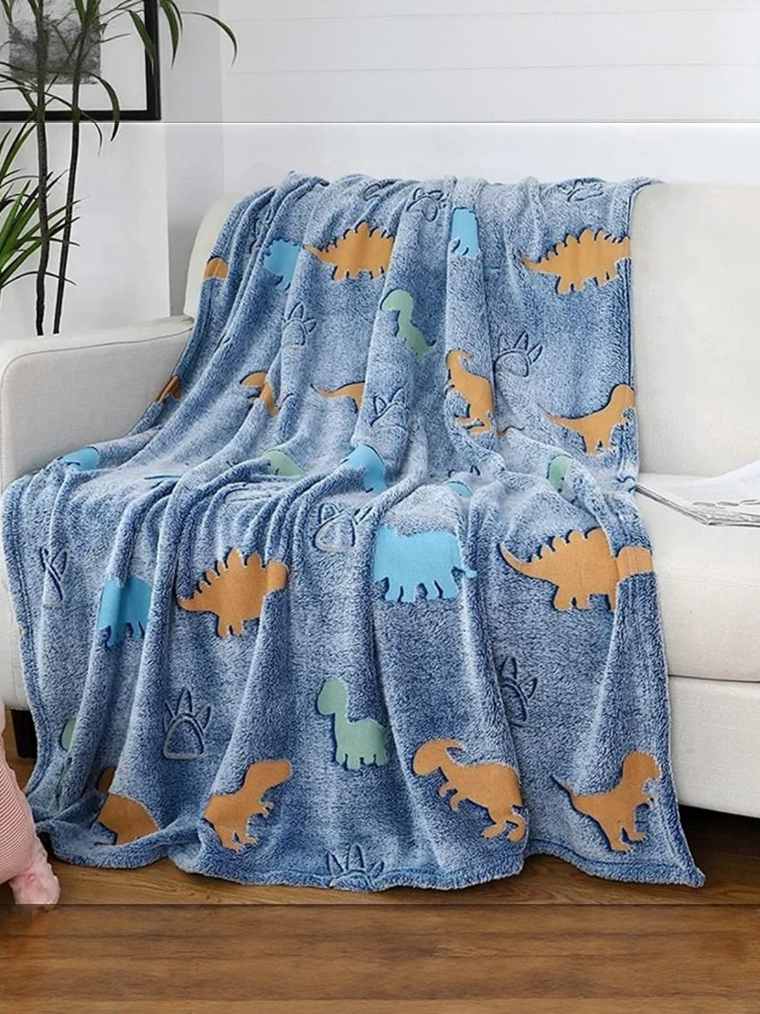 Reexplore Blue Dino Printed Glow in The Dark Micro Fiber 300 GSM Single Blanket