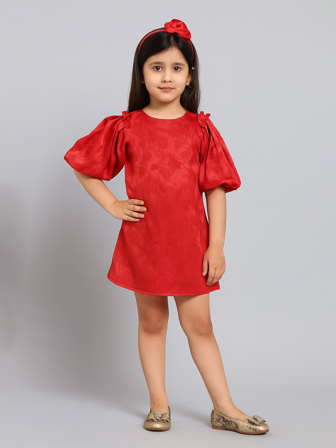 KidsDew Girls Red Jacquard A-Line Dress