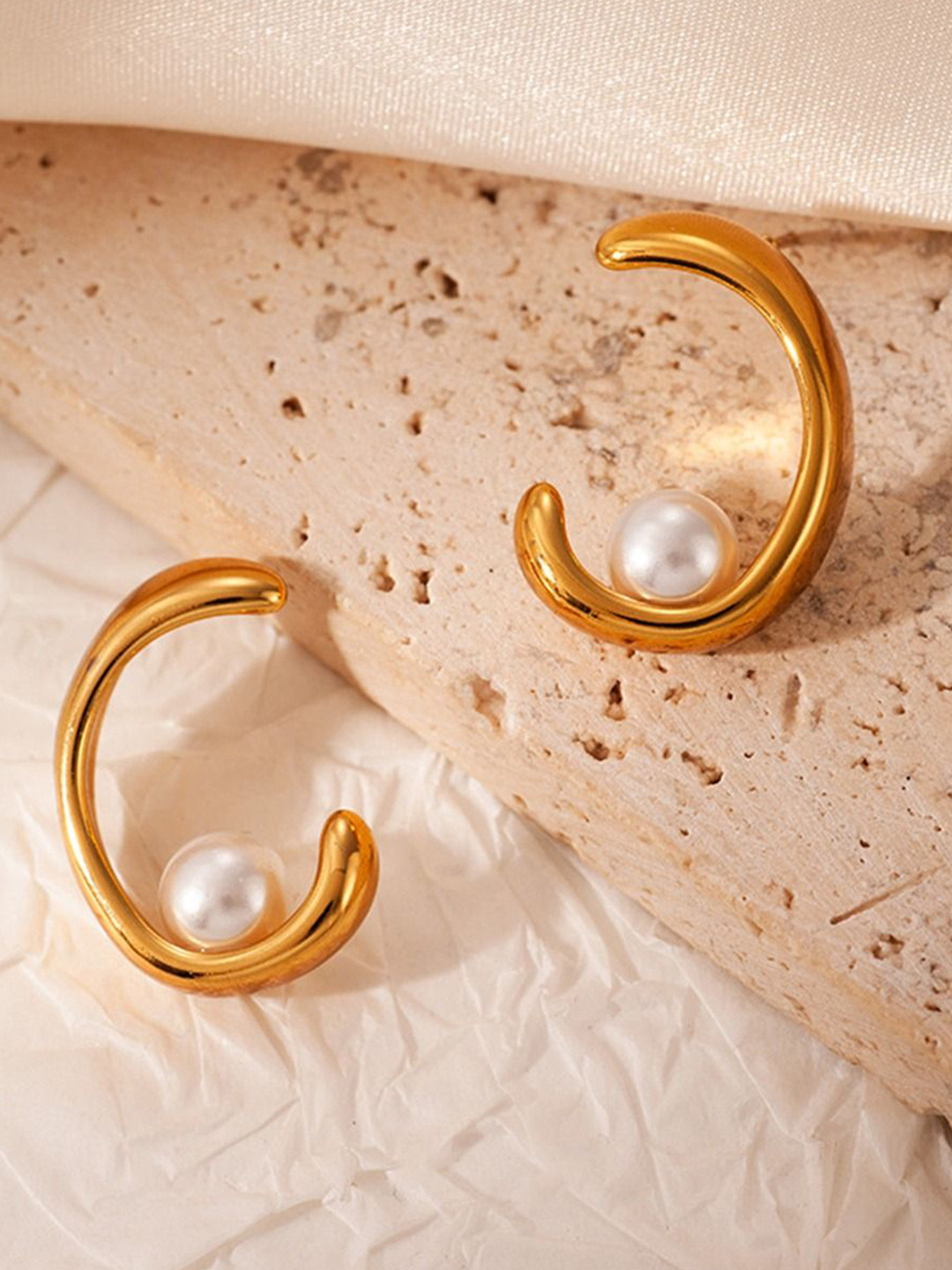 KRYSTALZ Stainless Steel Gold-Plated Pearls Studded C Shaped Half Hoop Earrings