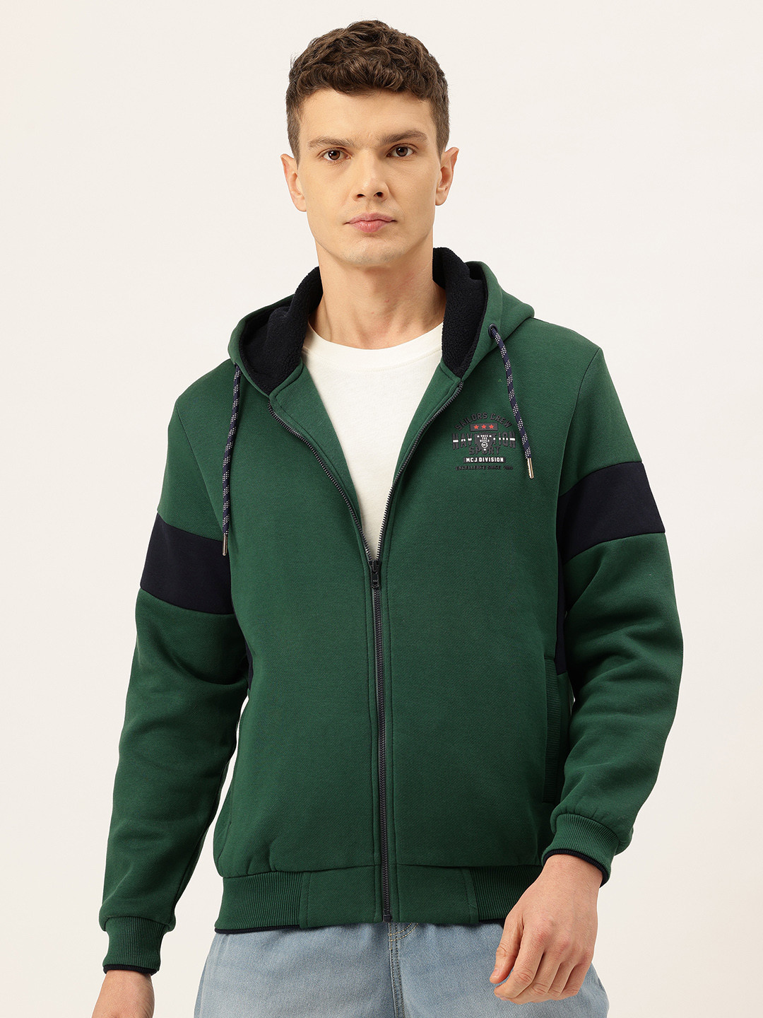 Monte Carlo Typography Printed Hooded Cotton Rich Zip-Up Sweatshirt with Inner Fleece