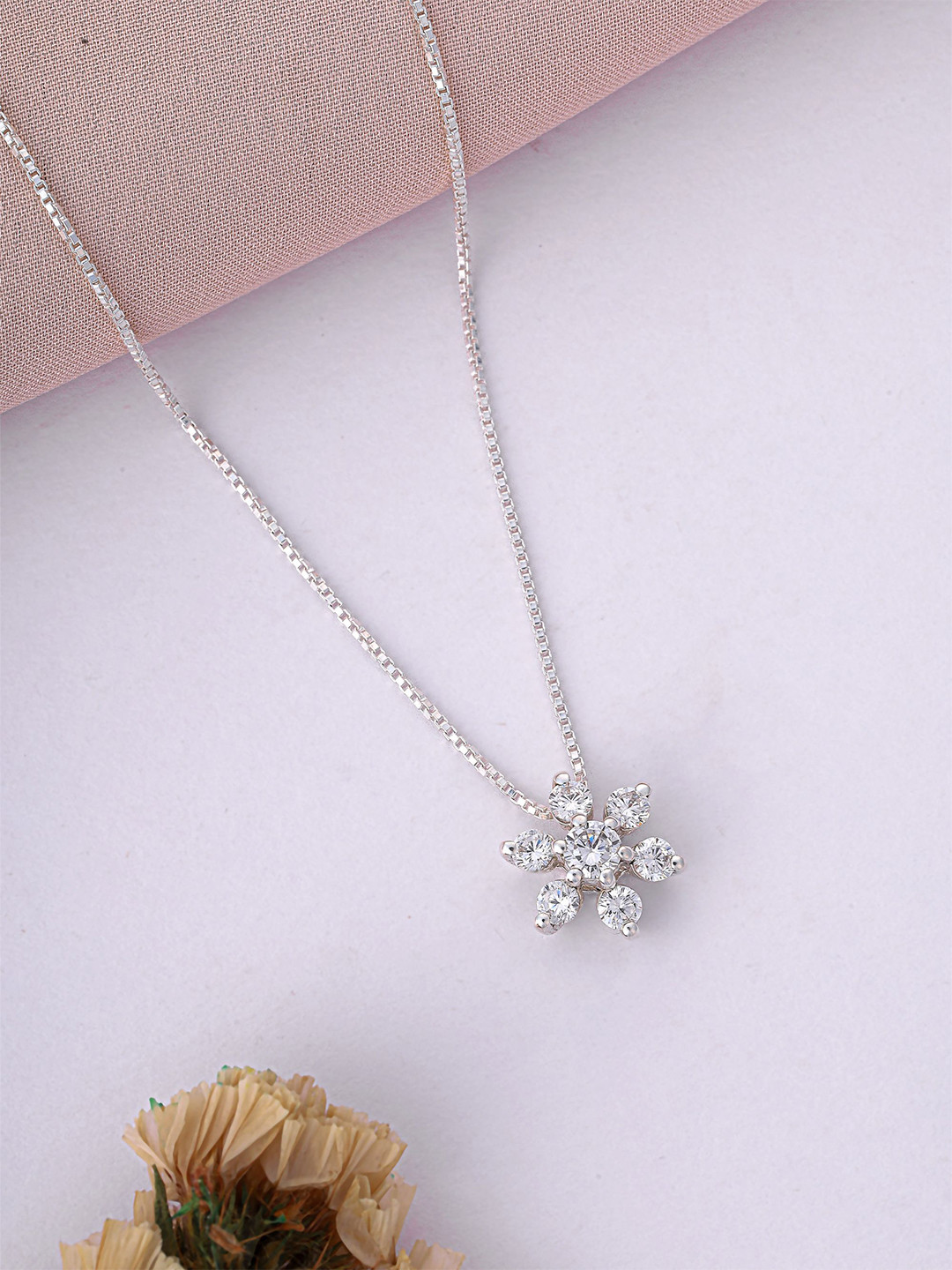 RAGABANDHA DESIGN STUDIO 92.5 Silver Plated 7 Diamond  Solitaire Pendant Chain Necklace