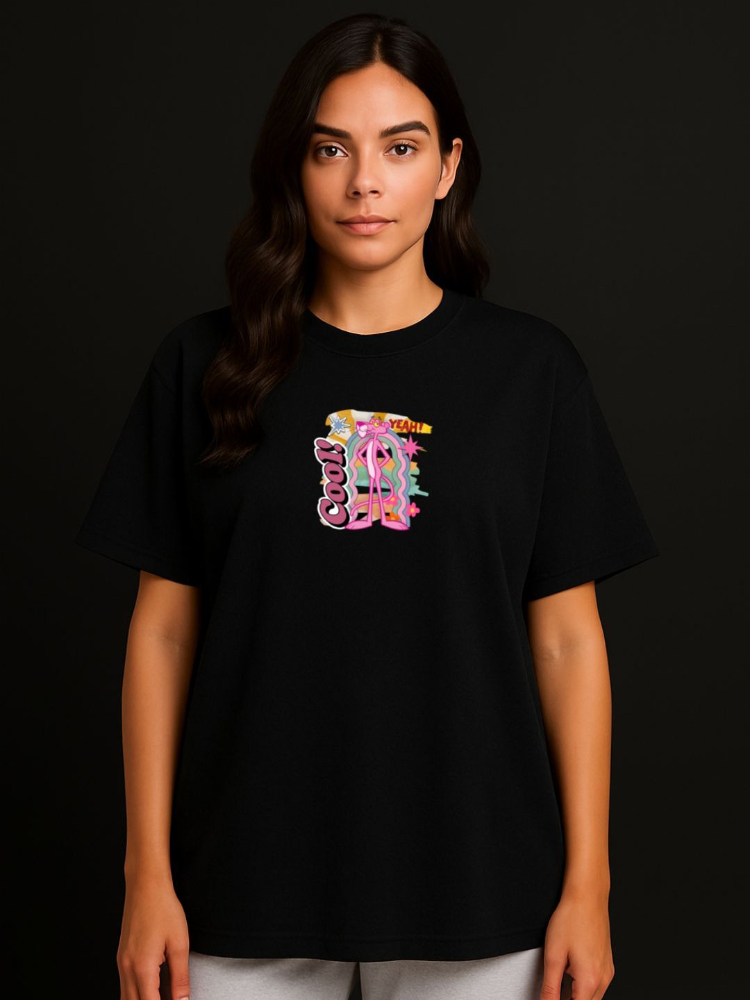 Anikmart Women Pink Panther Dri-FIT Graphic Printed Round Neck Cotton Oversized T-shirt
