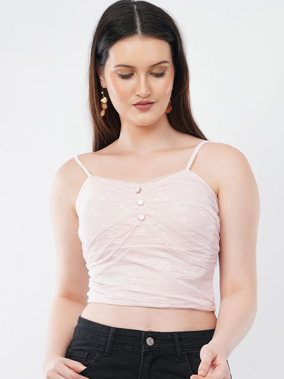 Deshi Girl Solid Net Gathers Crop Top