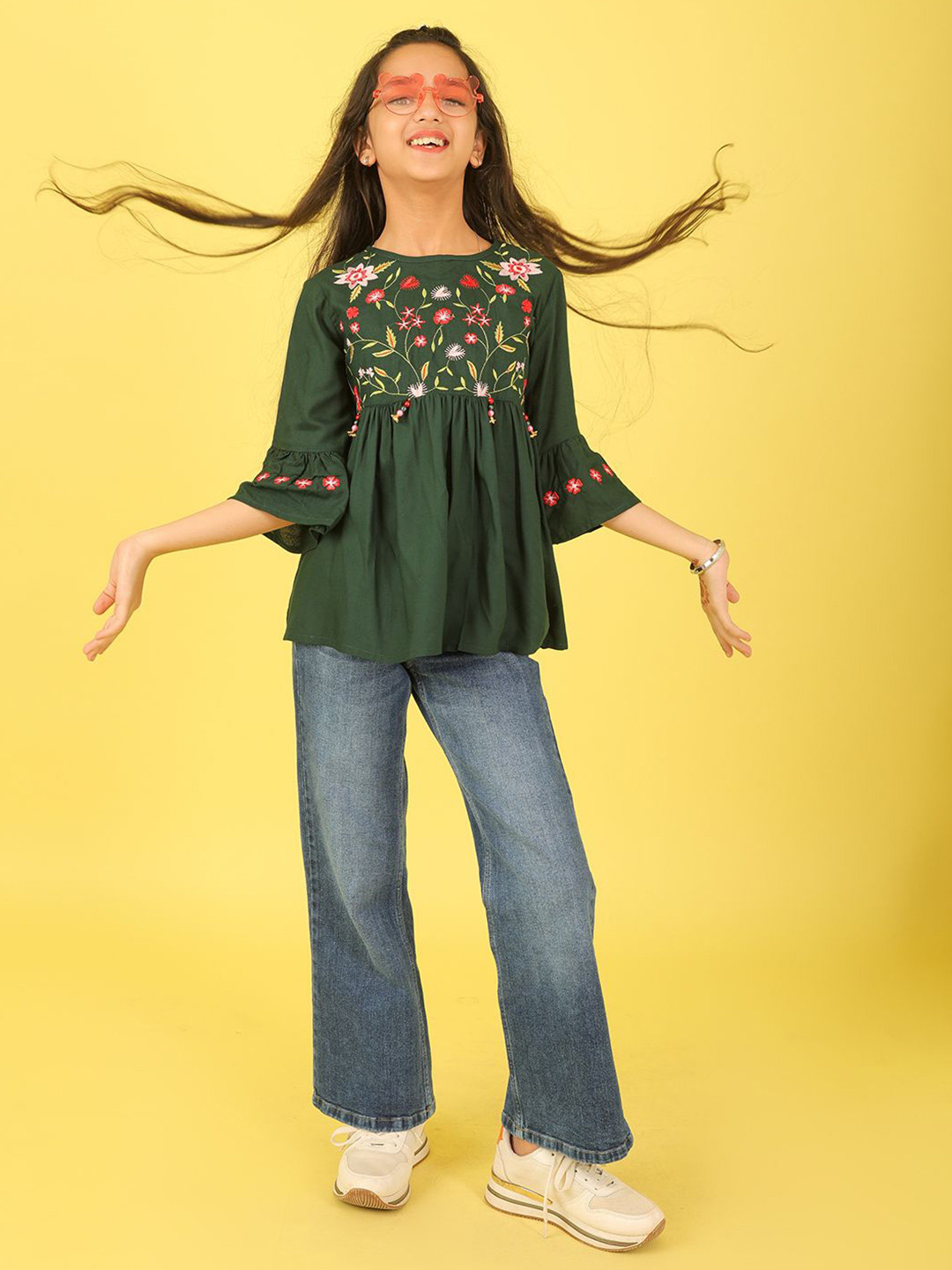 Ishti Girls Floral Embroidered Bell Sleeve A-Line Top