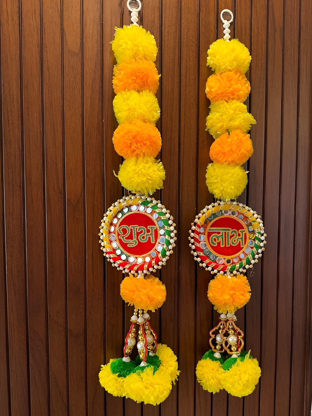 CraftVatika Yellow & Orange 2 Pieces Textured Shubh Labh Cotton Hanging Flower Torans