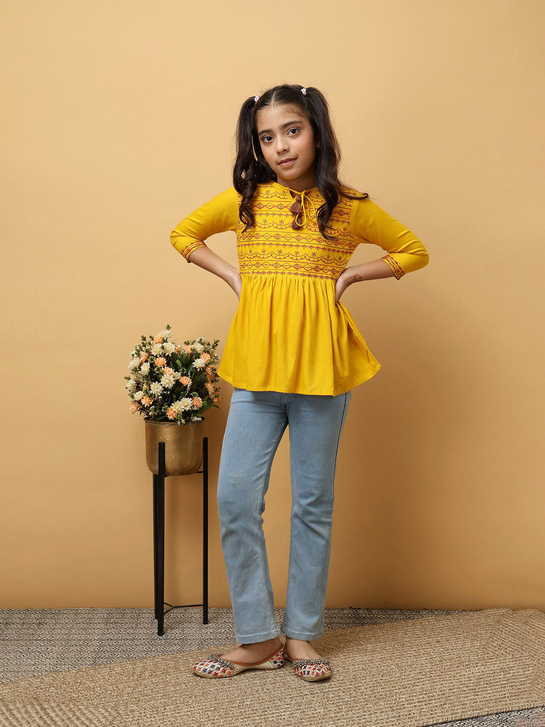 Miss & Chief Girls Geometric Embroidered Tie-Up Neck Regular Sleeves Top
