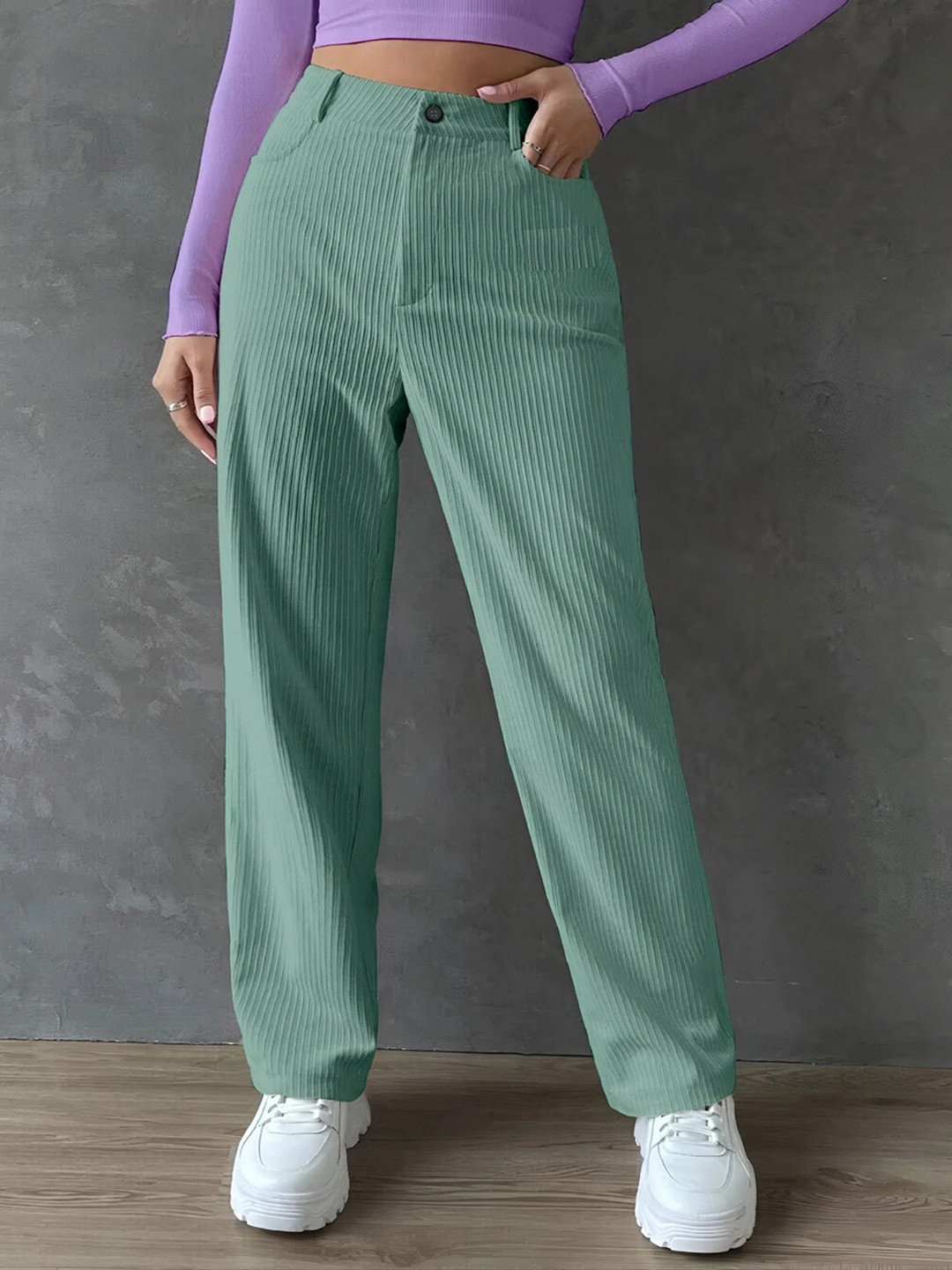 GIBBONTE Women Relaxed Textured Self Design High-Rise Trousers
