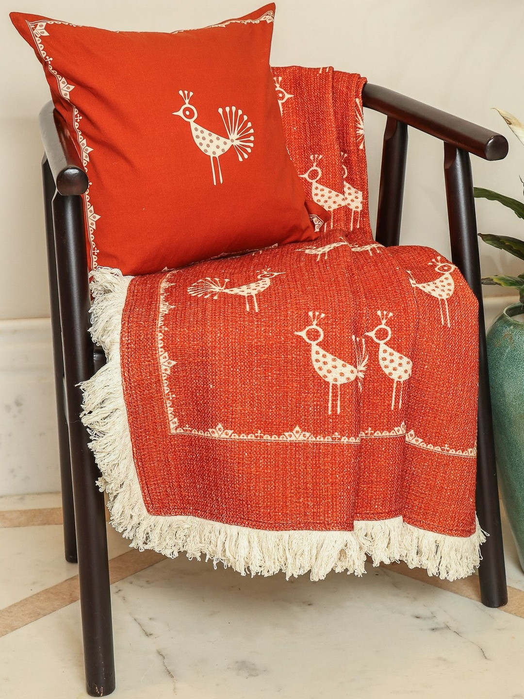 Crown of Poppies Rust Pack Of 2 Square Cushion Cover & Throw Set