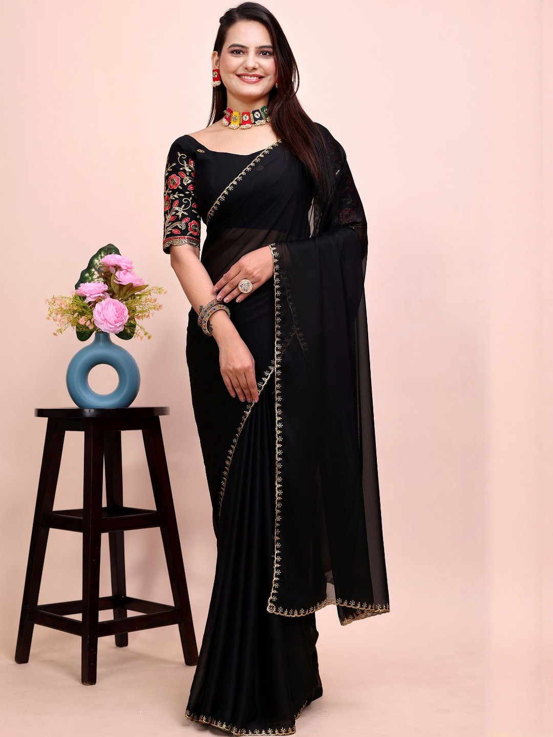 Zenophily Embroidered Pure Chiffon Saree With Desinger Blouse