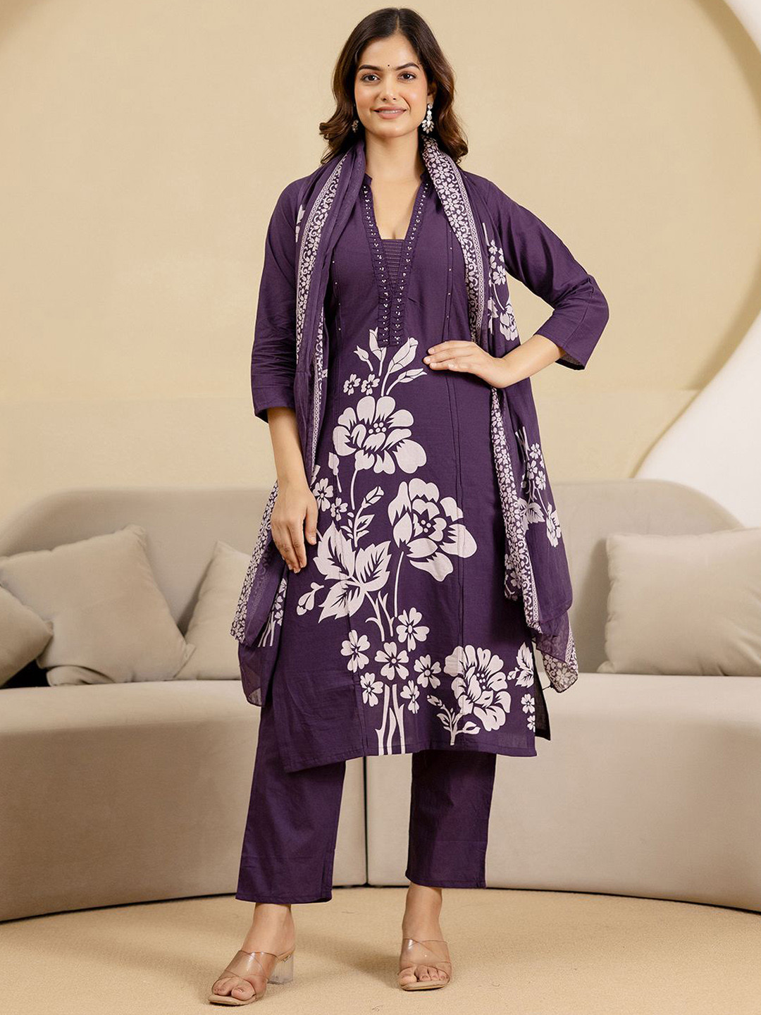 Trendmalls Floral Printed Beads & Stones Pure Jaipuri Cotton Kurta With Trouser & Dupatta