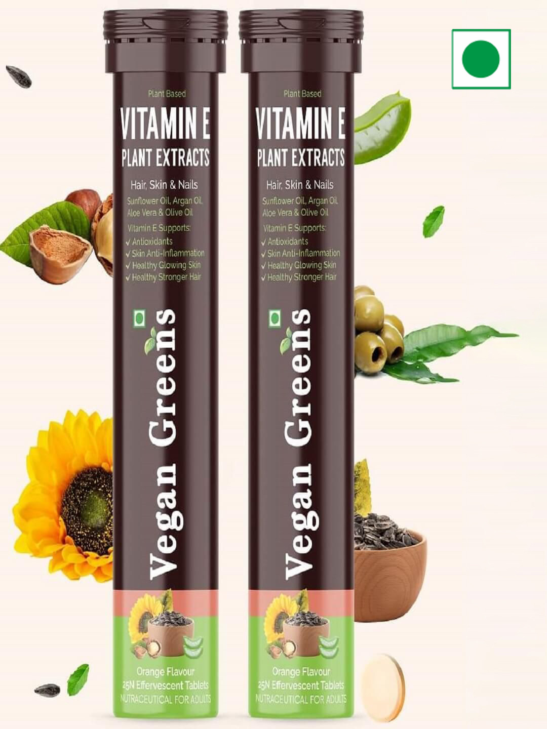 Vegan Greens Set Of 2 Plant Based Vitamin E Tablets- 25 Tablets Each- Orange Flavour