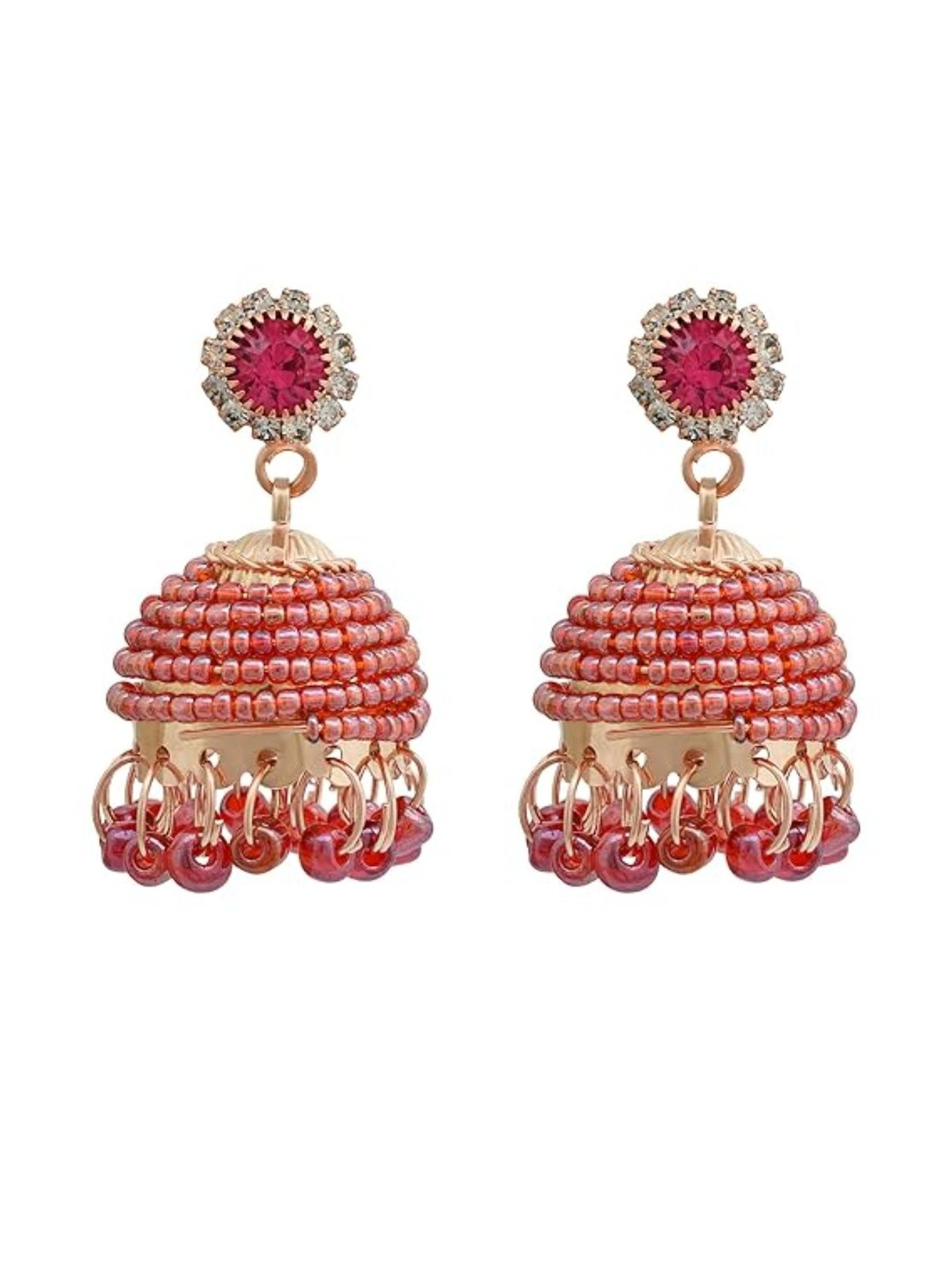Gold Plated Rani Red Beaded Stylish Jhumki Women