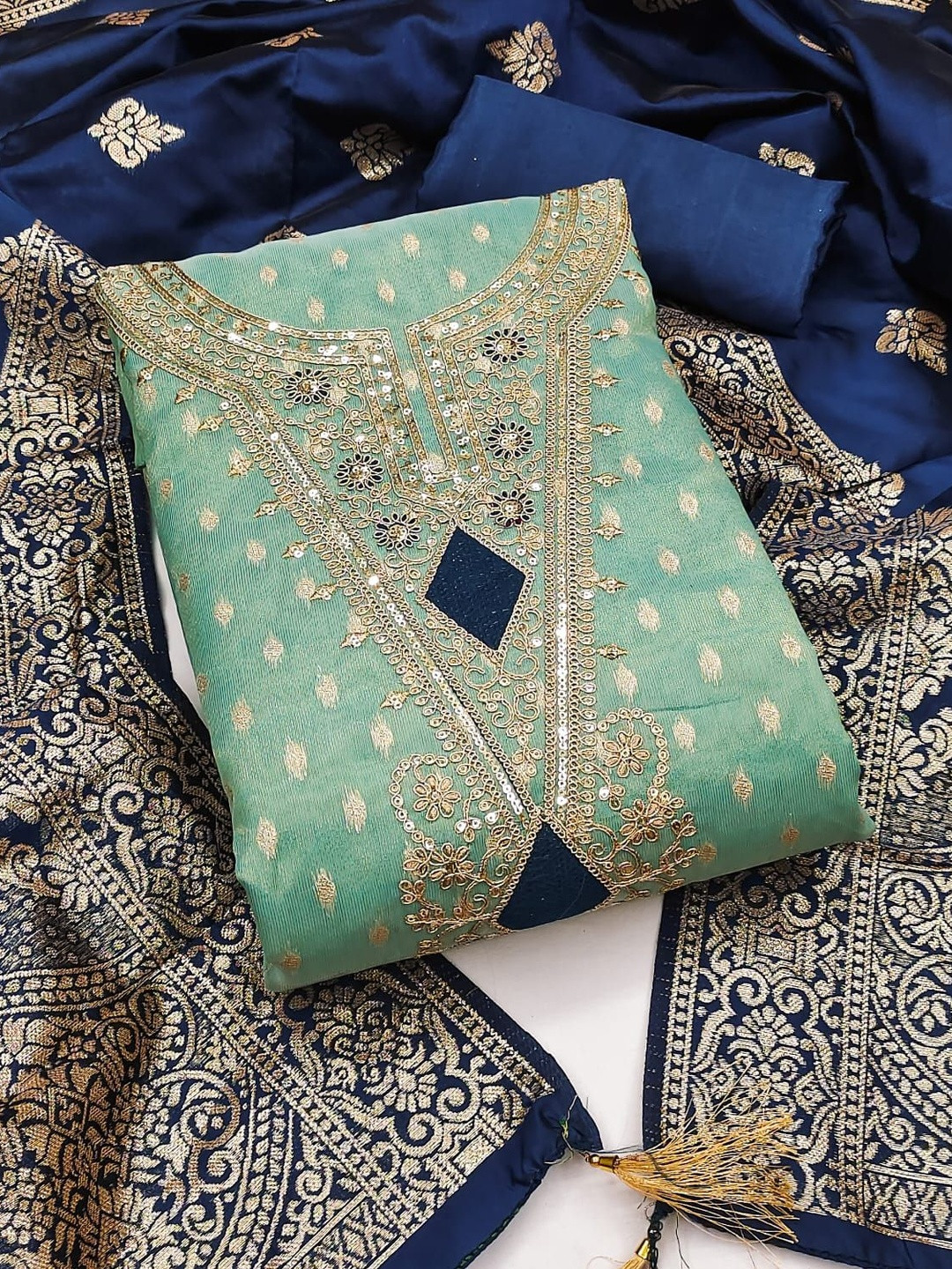 Blue Simmer Silk Jacquard With Embroidery Work Unstitched Dress Material