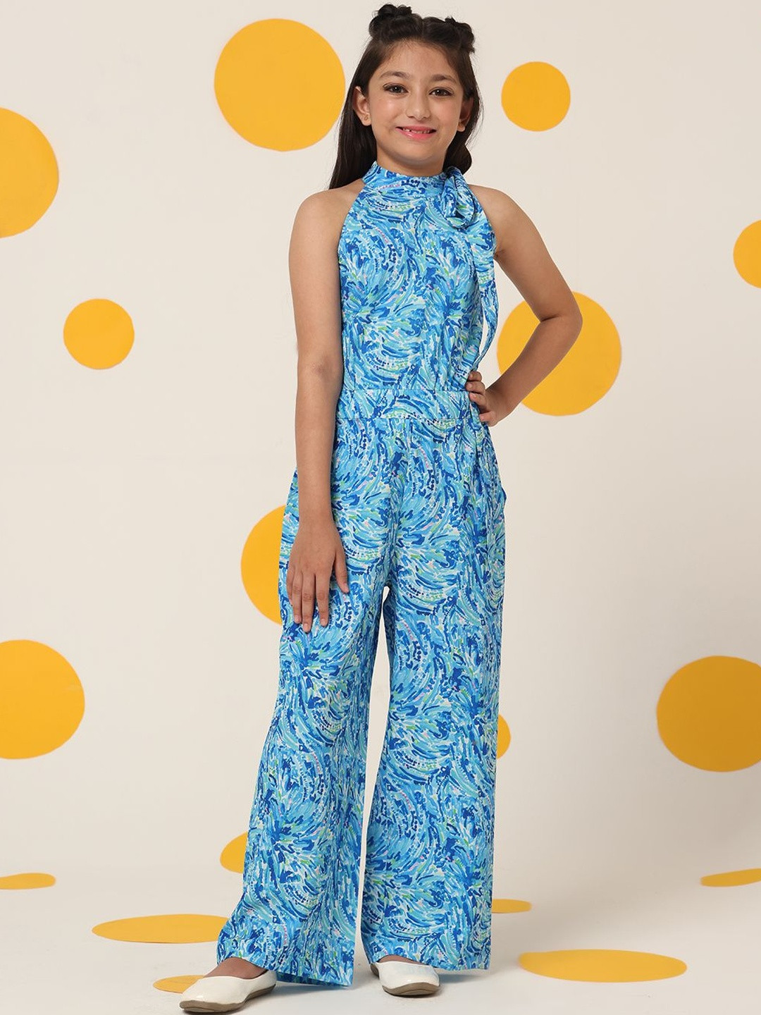 Cherry & Jerry Girls Blue Halter Neck Seersucker Printed Full Length Basic Jumpsuit
